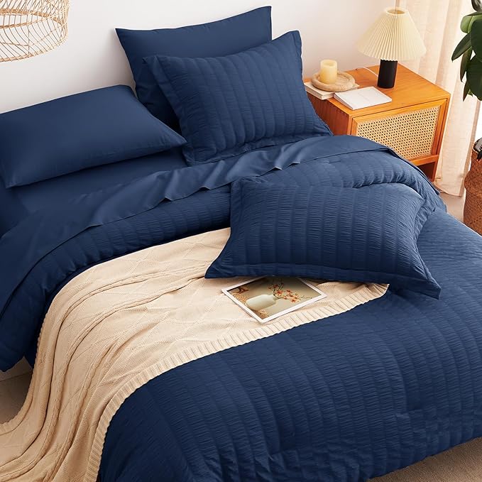 CozyLux Queen Comforter Set Navy Blue Seersucker 7 Pieces Bed in a Bag Queen Comforter Set with Sheets Luxury Soft Bedding Set with Down Alternative Comforter, Sheets, Pillowcases & Shams All Seasons