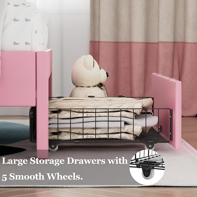 VECELO Twin Size Bed Frame with Storage Drawers, Leather Upholstered with Diamond Tufted Headboard, Solid Wood Slat Support, No Box Spring Needed, PU & Pink