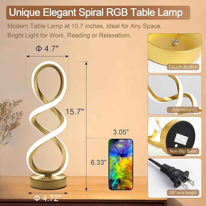Modern Adebime RGB Table Lamp with 10 Light Modes - Unique Touch Dimmable Design for Bedside or Living Room - Available in 7 Colors, Gold