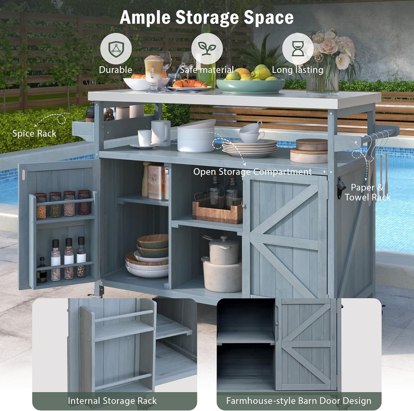 Outdoor Kitchen Island, Rolling Bar Cart & Storage Cabinet, Farmhouse Solid Wood Outdoor Grill Table with Stainless Steel Top, Spice Rack, Towel Rack for Kitchen & BBQ, Grey Blue