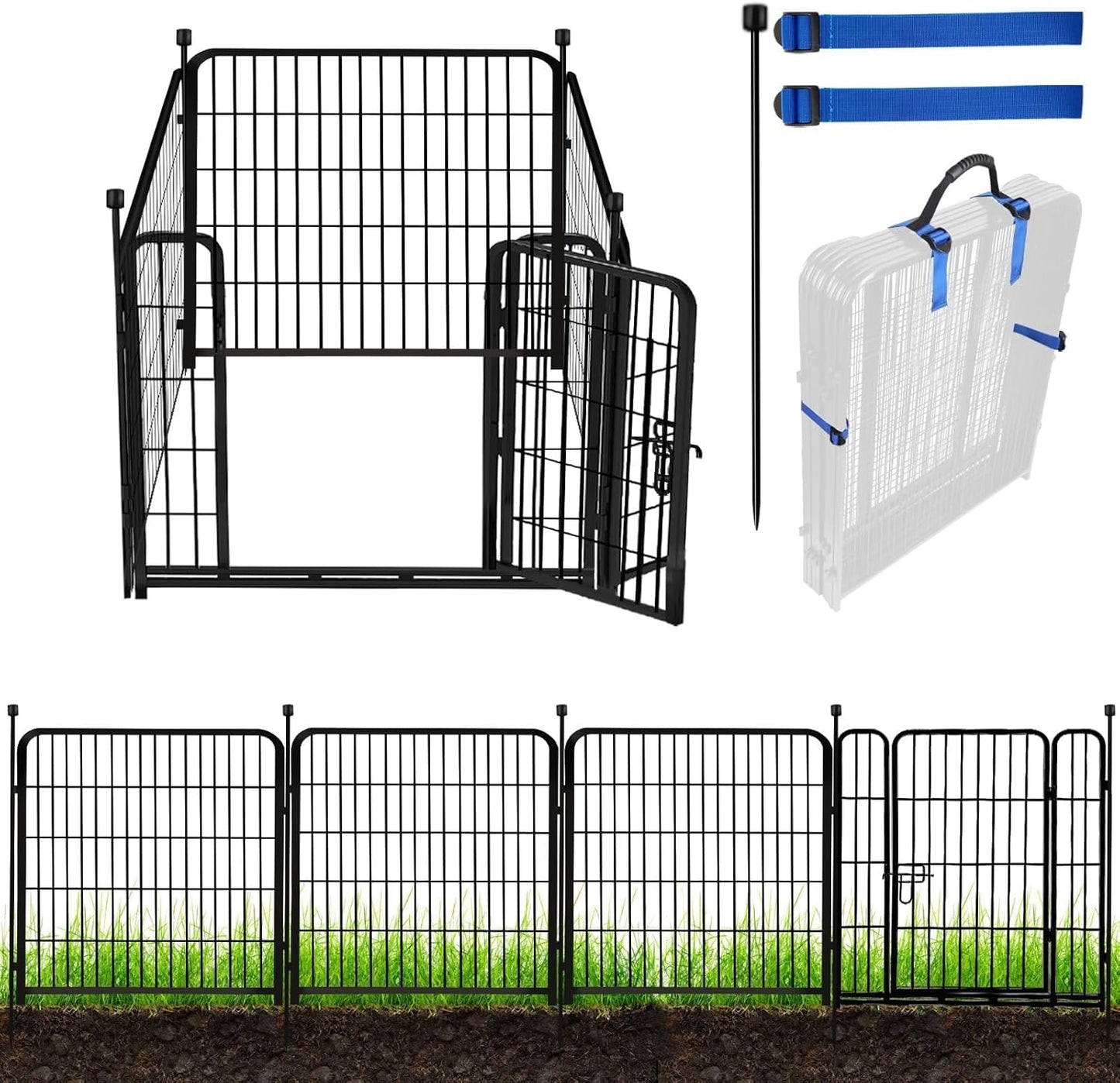 ADAVIN Tall Garden Fence with Gate, 48 in(H) 4 Panels Heavy Duty Iron Metal Fencing Border, Indoor or Outdoor Dog Playpen, Animal Barrier Fence, No Dig Fencing for Yard, Total 8.9 FT(L), Black