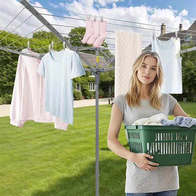 JS HANGER Umbrella Clothesline Outdoor, Height Adjustable Rotary Clothes Drying Rack 131Feet/45m Retractable Clothesline Dryer with 4 Arms