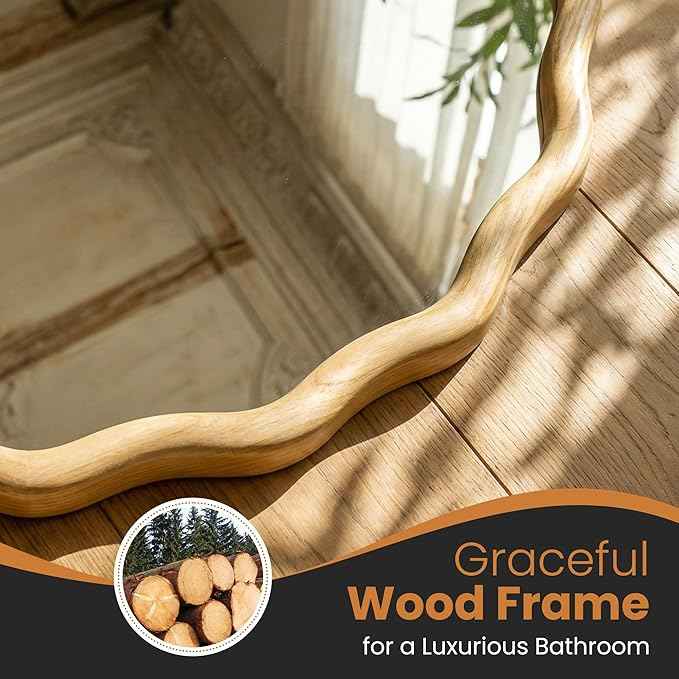 Round Wood Mirrors for Wall, 28" Boho Circle Wavy Mirror with Wooden Frame, Decorative Mirror with Tempered Glass, Natural Wooden Frame Vanity Mirror for Bedroom, Living Room, Entryway