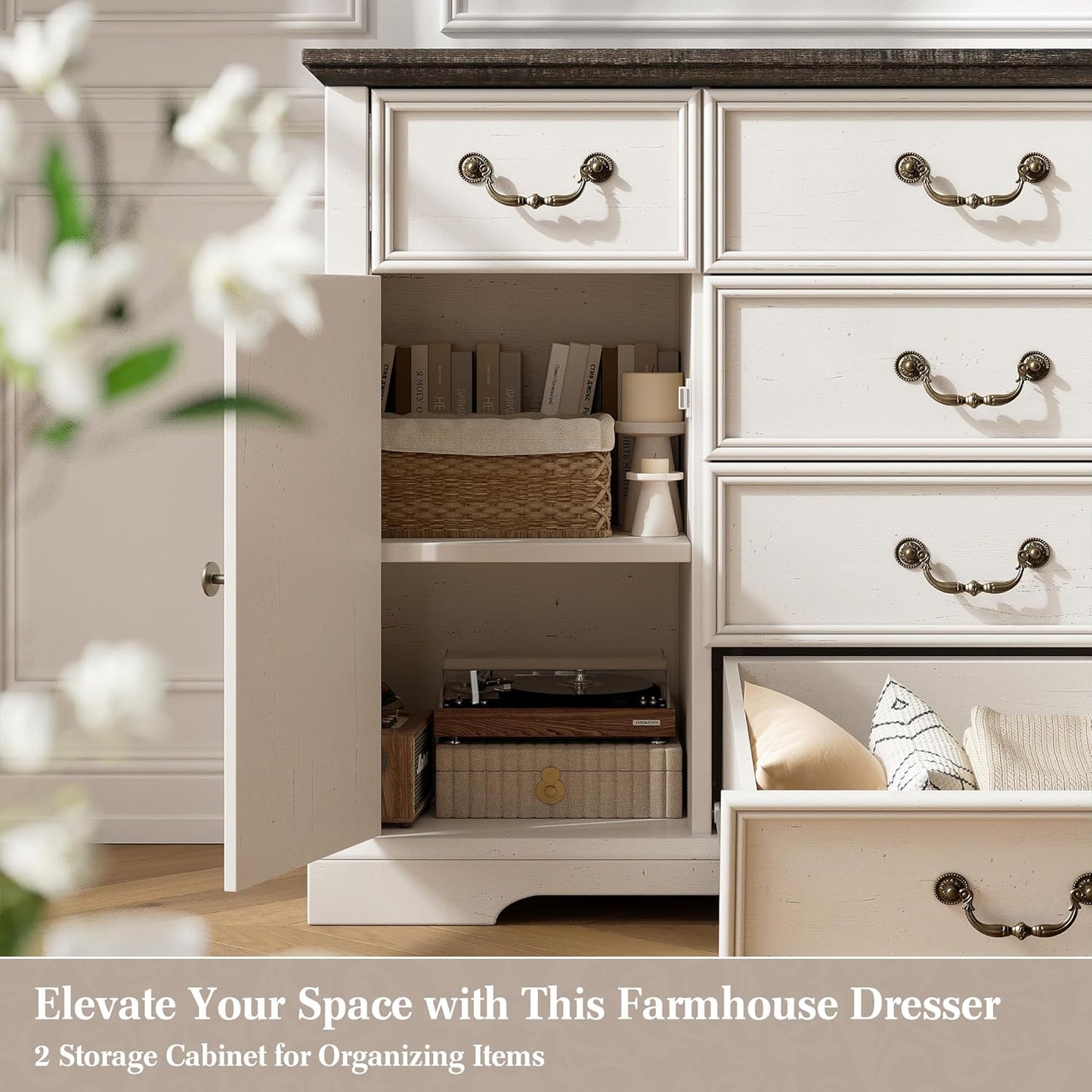 EnHomee White Dresser for Bedroom with 6 Drawer & 2 Doors,Wood Dressers & Chests of Drawers,Farmhouse TV Stand,Entryway,Antique White