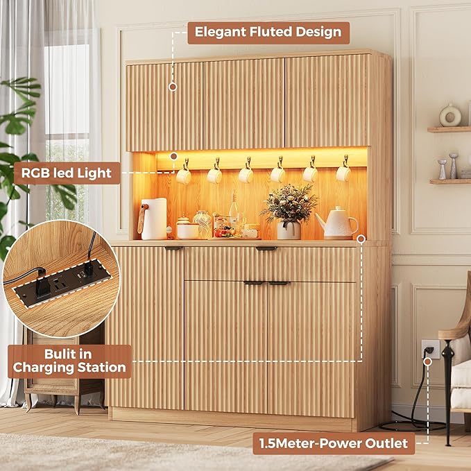 Fluted Kitchen Pantry Storage Cabinet with Charging Station/LED Light/Doors/Shelves, 71'' Tall Kitchen Food Hutch with Microwave Stand for Dining Room Living Room (Natural, 41 * 15.7 * 71)