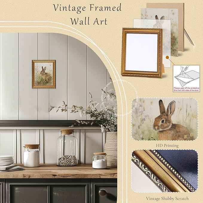uniro Vintage Gold Framed Wall Art for Home Decor, Farmhouse Decor Easter Bunny Canvas Art Prints Painting, Antique Neutral Rabbit Picture Wall Decor, Rustic Animal Nursery Frame Art for Bedroom, Gallary, Living Room, Office, Cottagecore decor - 8x10Inch