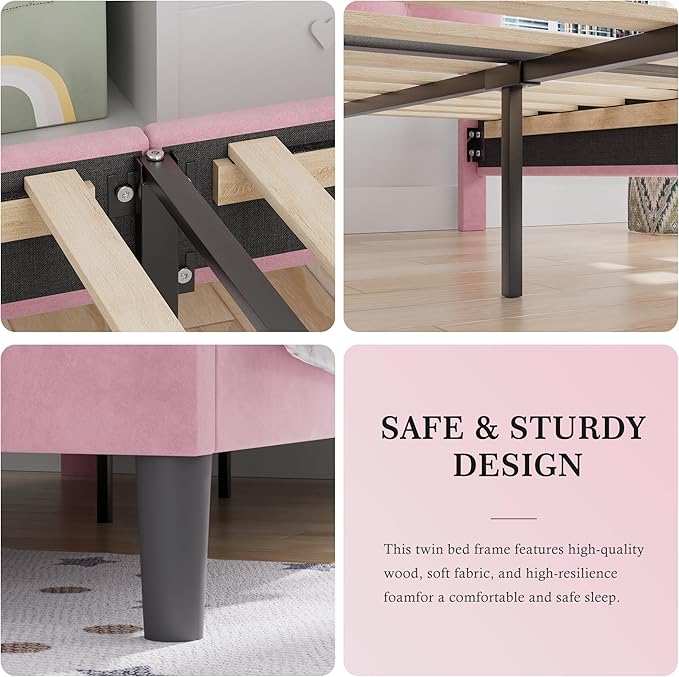 VECELO Twin Bed Frame with Upholstered Headboard, Heavy-Duty Platform Bedframe with Strong Wooden Slats Support, No Boxing Spring Needed, Pink