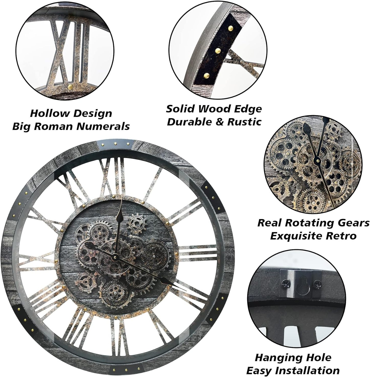 DORBOKER 27" Real Moving Gears Large Wall Clock with Toughened Glass Cover, Giant Wood Farmhouse Clock, Oversized Vintage Industrial Rustic Clock for Living Room Decor Home Kitchen (Carbon Grey)
