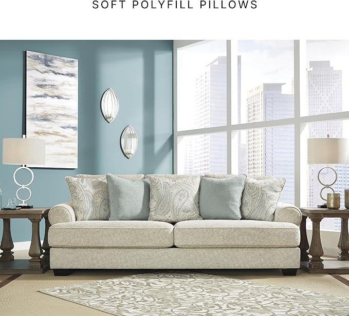 Signature Design by Ashley Monaghan Vintage Sofa with Accent Pillows, Reversible Cushions and Rolled Arms, Beige
