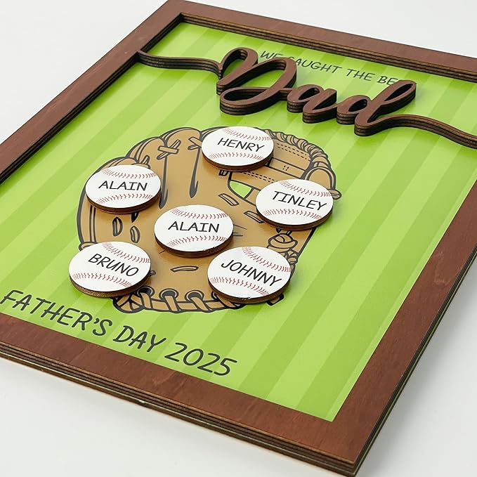 Personalized We Caught the Best Dad Baseball, Gifts Fathers Day from Son, Art Craft Family Keepsake Wood Frame Birthday Softball Gift for Dad Grandpa Daddy Papa, Family Memories Sign with Kids Names