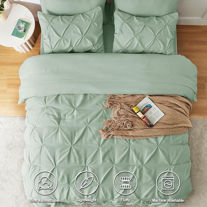 CozyLux King Size Comforter Set Sage Green, 7 Pieces Pintuck Bed in A Bag Green Comforter King Size, Pinch Pleat Bedding Set with All Season Comforter, Sheets, Pillowcases & Shams