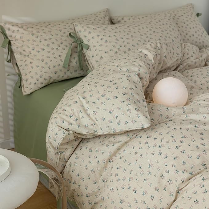 Full Comforter Set Vintage Green Floral Bedding Comforter Boho Flower Cottagecore Comforter with 2 Bow Ties Pillowcases Fluffy Lightweight Bedding Farmhouse Botanical Comforter Set