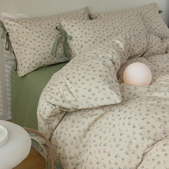 LifeTB Green Floral Comforter Set Queen Vintage Coquette Bedding Comforter for Girl Women Floral Botanical Comforter with 2 Bow Ties Pillowcases Cottagecore Bedding Flowers Comforter Set Queen Size