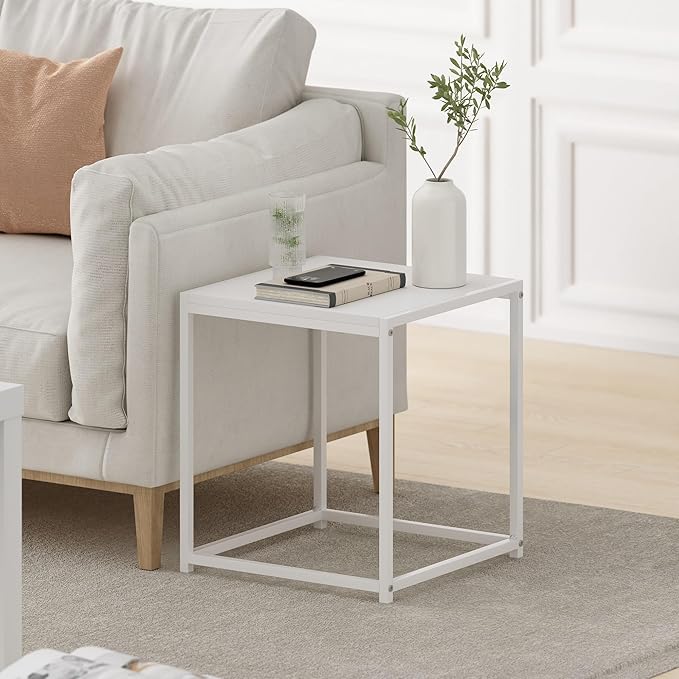 Furinno CAMNUS Side Table, Metal Frame End Table, Toolless Night Stand, Bedside Table, for Living Room, Bedroom, Solid White