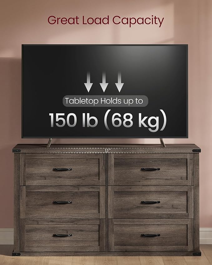 VASAGLE LIRY Collection - 6-Drawer Dresser for Bedroom, 54-Inch Wide Modern Farmhouse Chest of Drawers with Metal Handles, TV Stand, for Living Room, Entryway, Anti-Tipping, Taupe Brown ULTS661TA01S