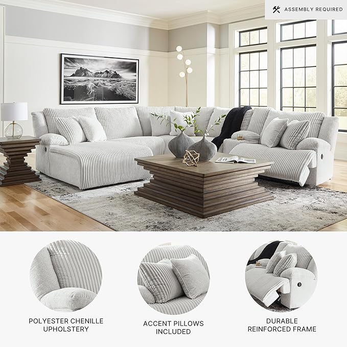 Signature Design by Ashley Top Tier Modern Right-Arm Facing 6-Piece Reclining Sectional with Chaise, Armrest, Throw Pillows and Storage, Light Gray