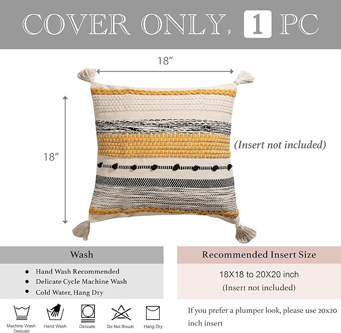 BlissBlush Yellow Mustard Decorative Throw Pillow Cover 18x18 Square Boho Accent Pillowcase Tassels Farmhouse Cushion for Couch Sofa Bedroom Living Room Home Décor Cover ONLY