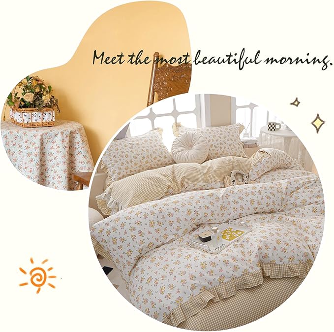 Ruffle Comforter Set Queen Vintage Rose Flower Comforter 3 Pieces Romantic Floral Bedding Set Queen Fluffy Soft Flowers Botanical Comforter Set 1 Flower Ruffled Comforter with 2 Lace Pillowcases