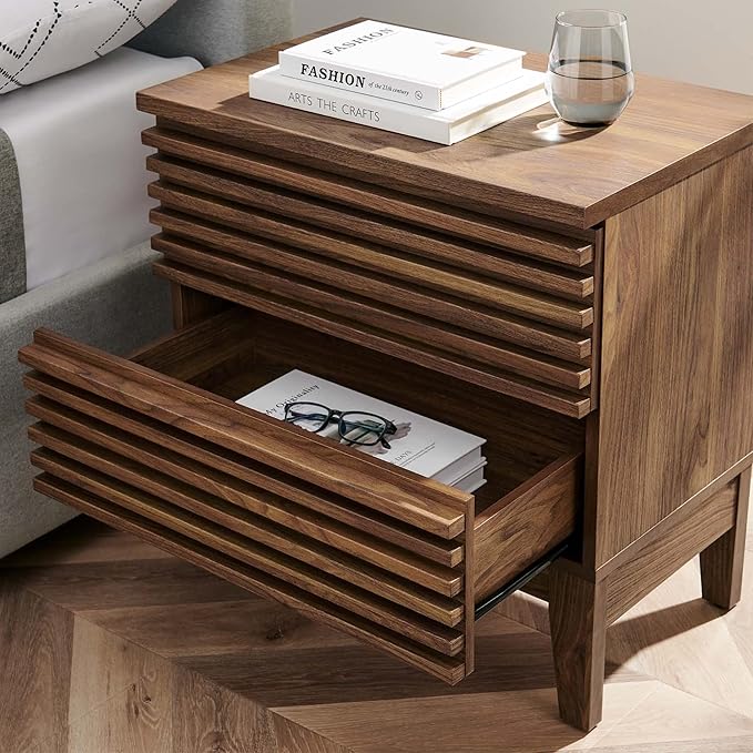 Modway Render Mid-Century Modern, Two-Drawer Nightstand, Walnut