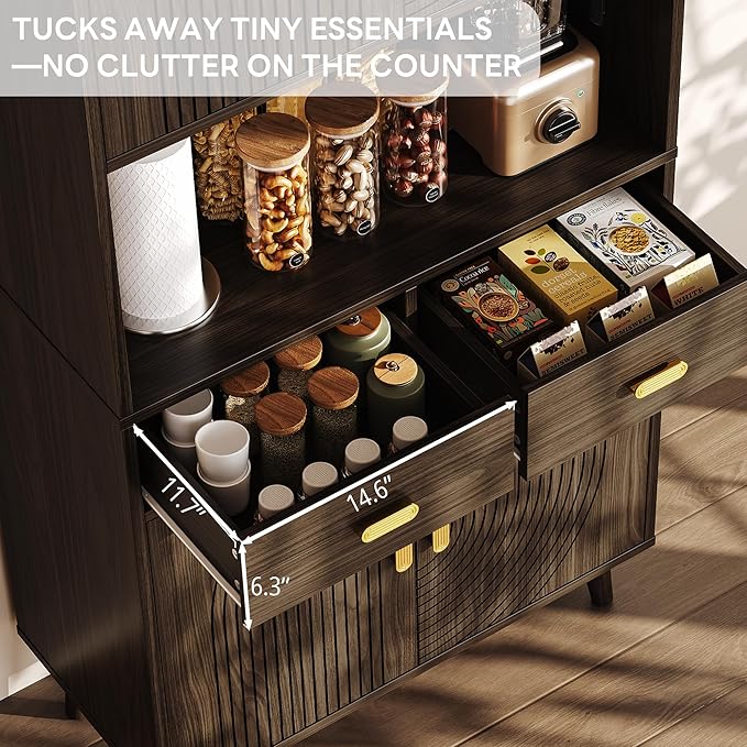 LIKIMIO 71.6" Tall Walnut Mid-Century Hutch Cabinet with Storage- 3 Adjustable Shelves, 2 Drawers, Multi-Room Pantry