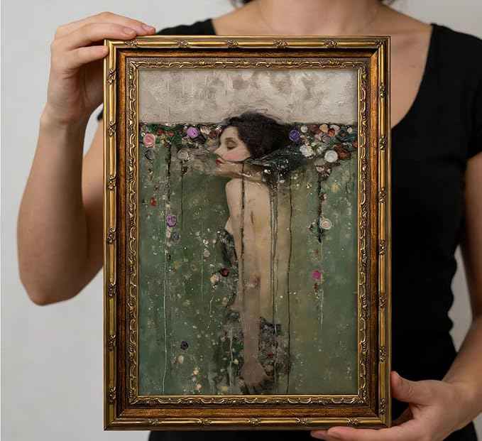 Vintage Gold Framed Ophelia Wall Art, Romantic Victorian Gothic Oil Painting Canvas Print, Dark Academia Wall Decor, Antique Woman Portrait Picture, Moody Floral Poster Artwork for Living Room Bedroom