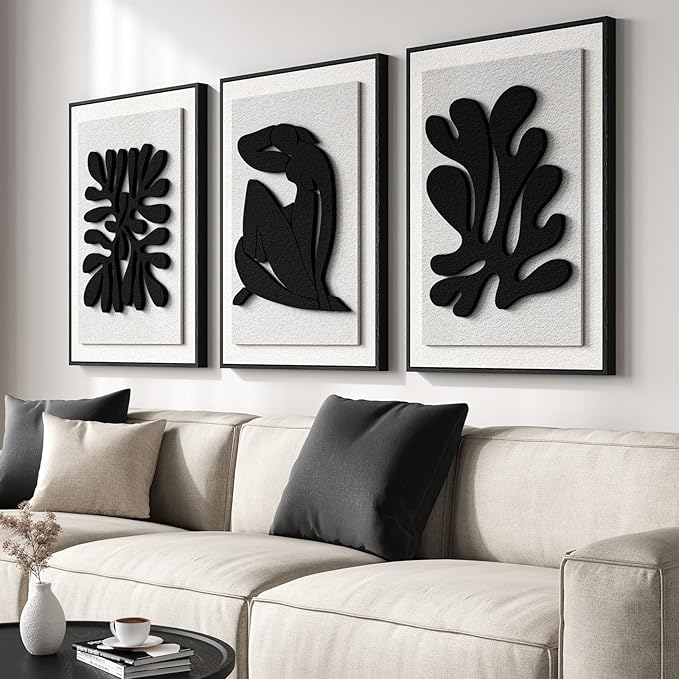 Large 3D Textured Framed Black and White Abstract Wall Art for Living Room, 3 Piece Modern Artwork for Walls, Minimalist Wall Paintings for Hallway, Staircase, Office Wall Decor, 24x36 Inch
