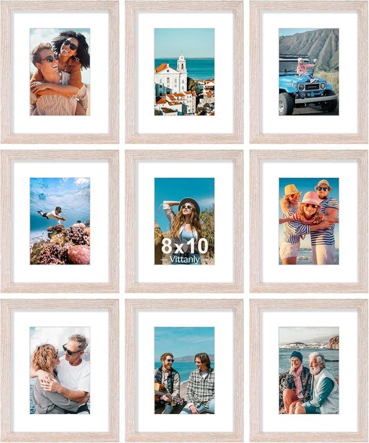 Vittanly 8x10 Picture Frames Set of 9, Shatter Resistant Plexiglass, Display 5x7 Pictures with Mat or 8x10 without Mat, Photo Frames for Wall or Tabletop, Engineered Wood, Rustic Pink