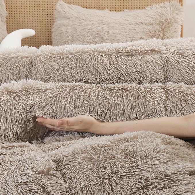 Smoofy Fluffy Twin Comforter Set, Faux Fur Comforter Set, Luxury Fuzzy Twin Bedding Set Pink, Soft Shaggy Bed Set for All Season, 2 Pieces - 1 Comforter & 1 Pillowcase, Oatmeal