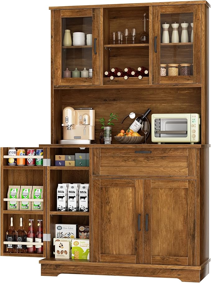 Shintenchi Kitchen Pantry Storage Cabinet, Freestanding Buffet Cabinet with Microwave Stand & 4 Door Shelves, Kitchen Hutch with Doors, Adjustable Shelves and Wine Rack, Brown