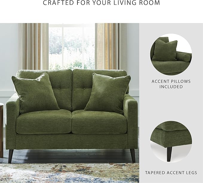 Signature Design by Ashley Bixler Mid-Century Modern Tufted Loveseat with 2 Toss Pillows, Green