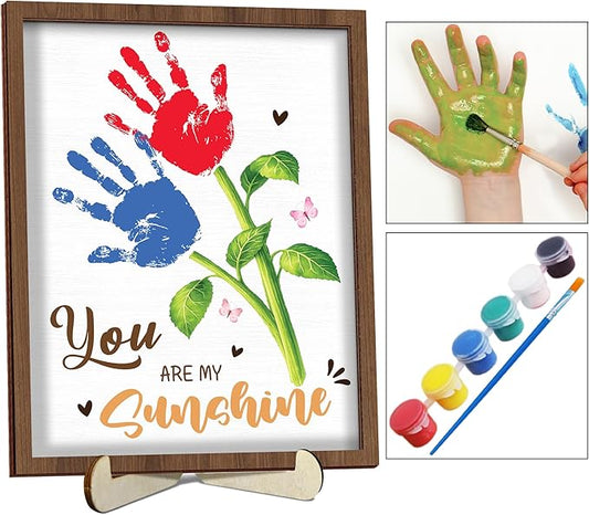 Personalized Handprint Wooden Sign You Are My Sunshine Frame with Paint, Handprint Kit, Custom Art Craft Family Keepsake, Mothers Day, Gifts for Baby Shower, New Parents, Grandparents, Nursery Decor