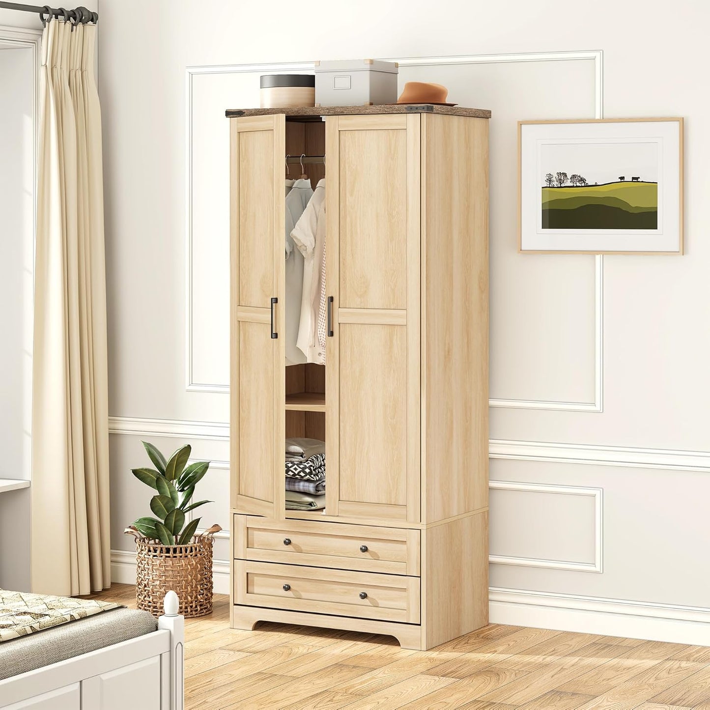 Brafab Wooden Armoire Wardrobe Closet with 2 Modern Doors, 71" Tall Freestanding Closet Wardrobe Cabinet with Drawers and Hanging Rail, Storage Cabinet with Shelve for Bedroom (Natural, 2 Doors) - Décor Diaries