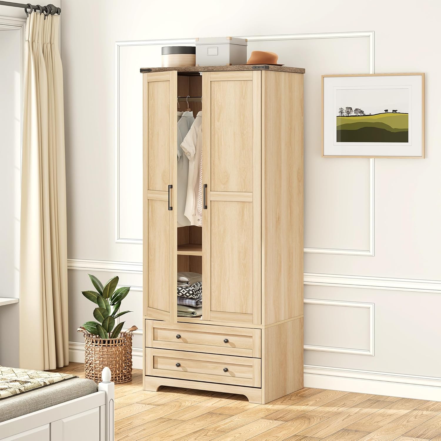 Brafab Wooden Armoire Wardrobe Closet with 2 Modern Doors, 71" Tall Freestanding Closet Wardrobe Cabinet with Drawers and Hanging Rail, Storage Cabinet with Shelve for Bedroom (Natural, 2 Doors) - Décor Diaries
