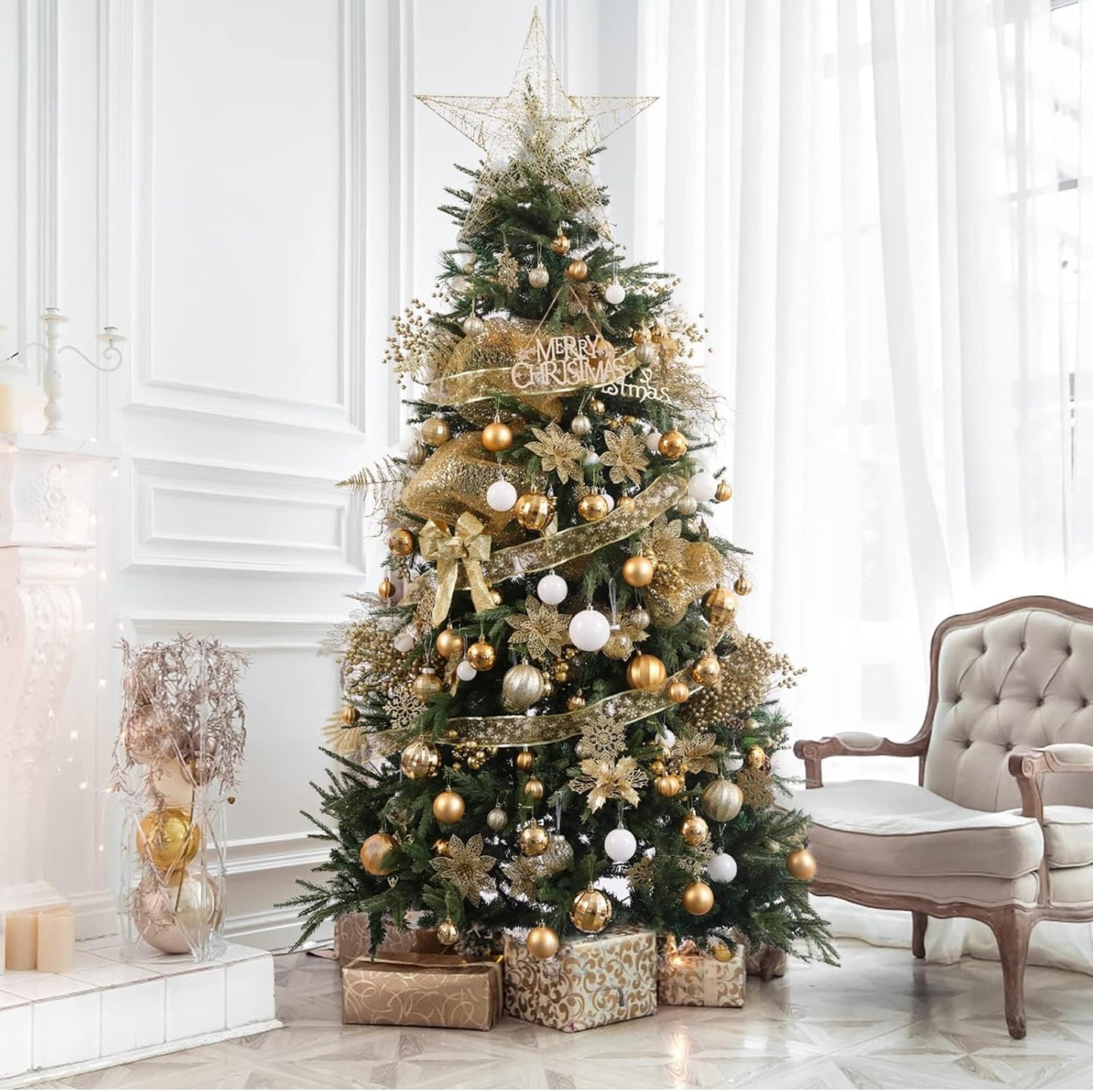 87-Pack Shatterproof Christmas Ball Ornaments Set, Christmas Tree Decorations with Hand-held Gift Package for Xmas Tree Holiday Wedding Party, Gold