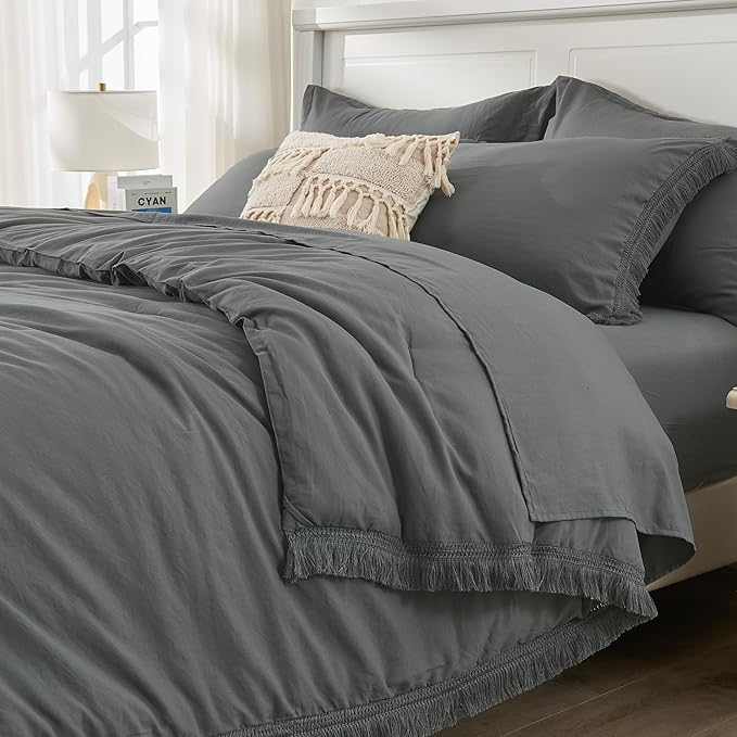 Andency Dark Grey Full Size Comforter Set with Sheets - 7 Pieces Boho Tassel Bed in a Bag Soft Lightweight Bedding Sets, Dark Grey Fringe Bed Set with Comforter, Sheets, Pillowcases & Shams