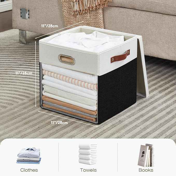 Fabric Storage Cubes with Clear Windows and Lids 11'' Foldable Storage Bins with 3 Handles, Decorative Storage Boxes for Home, Bedroom, Closet, Office (Balck & White)