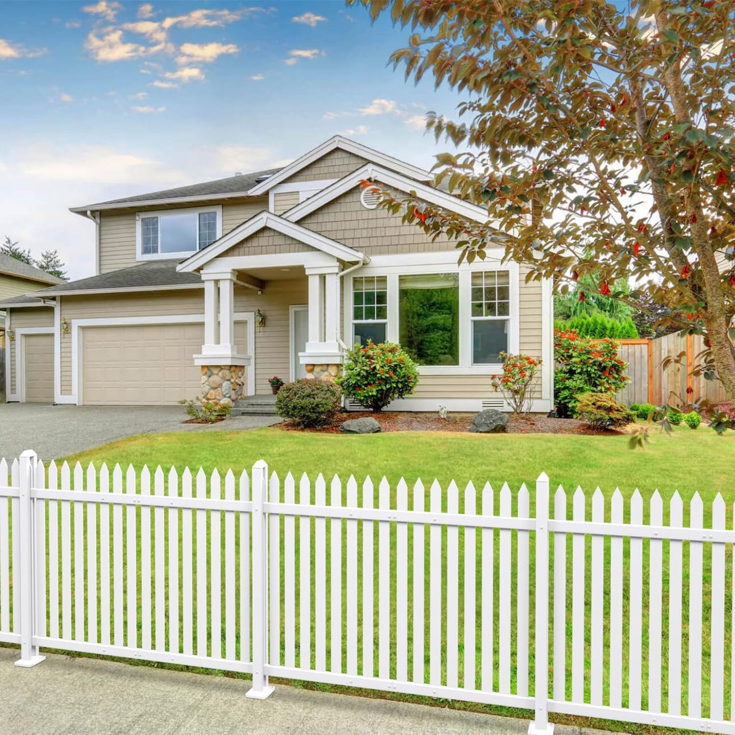 Patio 9 Sets Vinyl Picket Fence Panels 36" H x 84" W White PVC Decorative Fence for Front Yard Porch Patio Deck Pool Air Conditioner Fence Safety Dog Fence (34 Pickets, Straight)