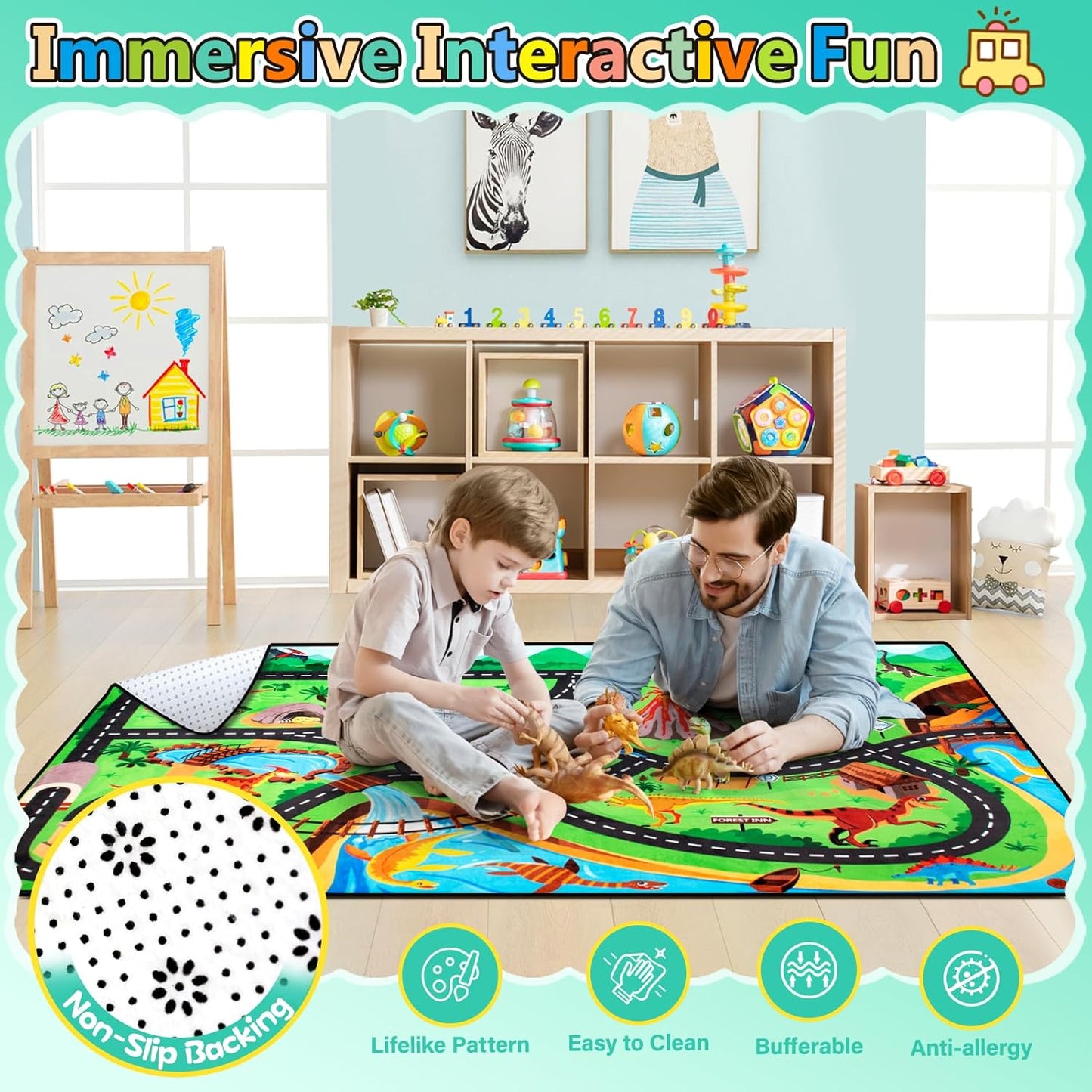 Kids Rug, Car Carpet for Kids' Toy Cars, 6x9 Ft Dinosaur Rug, Dino Safari Road Mat for Playroom, Educational Learning & Game Area Baby Play Mat Carpet for Children