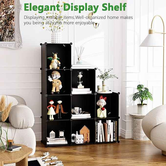 C&AHOME Cube Storage, 9-Cube Bookshelf, Plastic Closet Cabinet Organizer, DIY Stackable Bookcase, Modular Shelving Units Ideal for Home, Office, Kids Room, 36.6" L x 12.4" W x 48.4" H Black SHS3009A