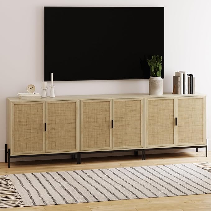 Nathan James Andrew Bohemian TV Stand or Kitchen Sideboard Credenza, Rattan Accent Cabinet with Metal Legs, Light Oak/Matte Black, Set of 3