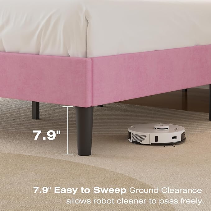 VECELO Queen Bed Frame with Upholstered Headboard, Heavy-Duty Platform Bedframe with Strong Wooden Slats Support, No Boxing Spring Needed, Pink