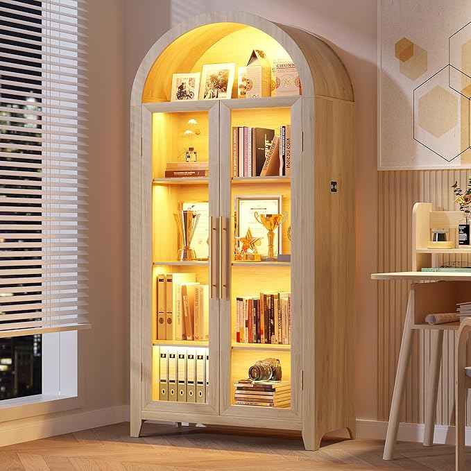 Vlsrka 71" Arched Storage Cabinet with Doors, Display Cabinet with LED Light & Human Sensor, 5-Tier Display Cases for Collectibles, Curio Cabinet with Ajustable Shelf for Living Room