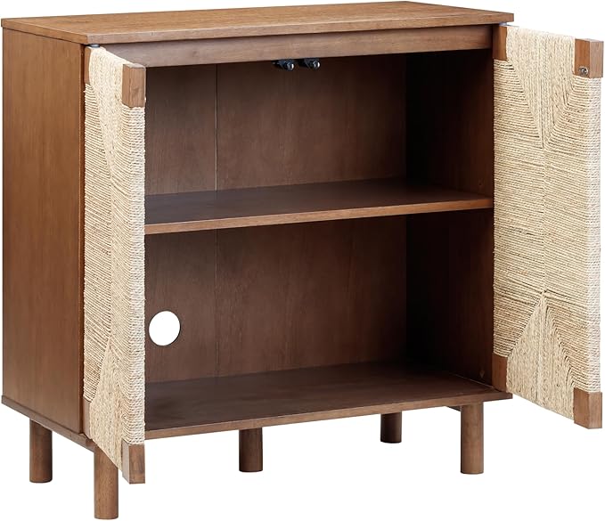 Nathan James Beacon Boho Accent Cabinet with Doors, Free Standing Kitchen Cabinet Storage with Adjustable Interior Shelf and Seagrass Accent, Dark Brown