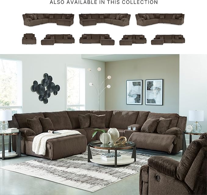 Signature Design by Ashley Top Tier Modern Right-Arm Facing 6-Piece Reclining Sectional with Chaise, Armrest, Throw Pillows and Storage, Dark Brown