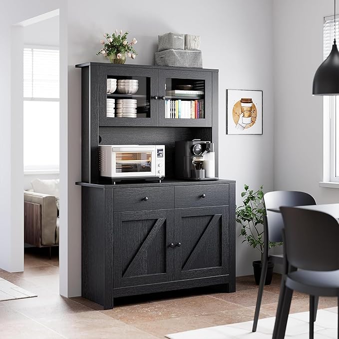 IDEALHOUSE 63" Kitchen Pantry Cabinet with Drawers, Hutch Cabinet with Storage, Microwave Stand, Adjustable Shelves, Freestanding Tall Pantry Storage for Dining Room, Living Room, Black