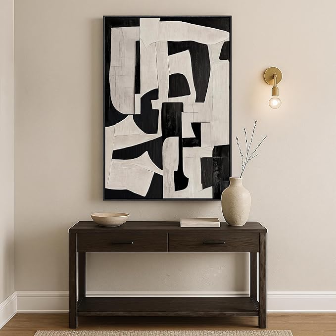 Framed Neutral Abstract Wall Art, Modern Black and Beige Canvas Prints Paintings Artwork for Walls, Minimalist Black White Pictures for Living Room, Hallway, Dining Room, Bedroom Wall Decor 24x36 In