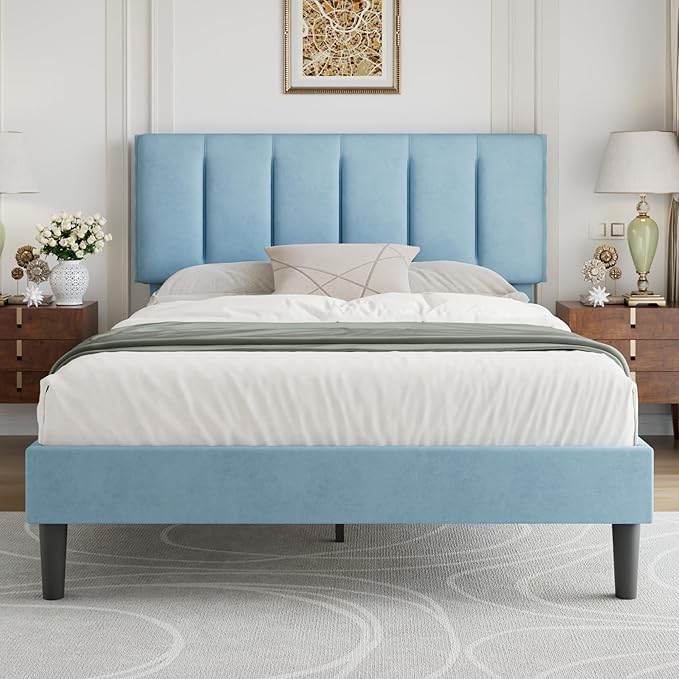 VECELO Queen Size Bed Frame with Upholstered Headboard, Heavy-Duty Bedframe with Wooden Slats & Steel Framework, Easy Assembly, Light Blue