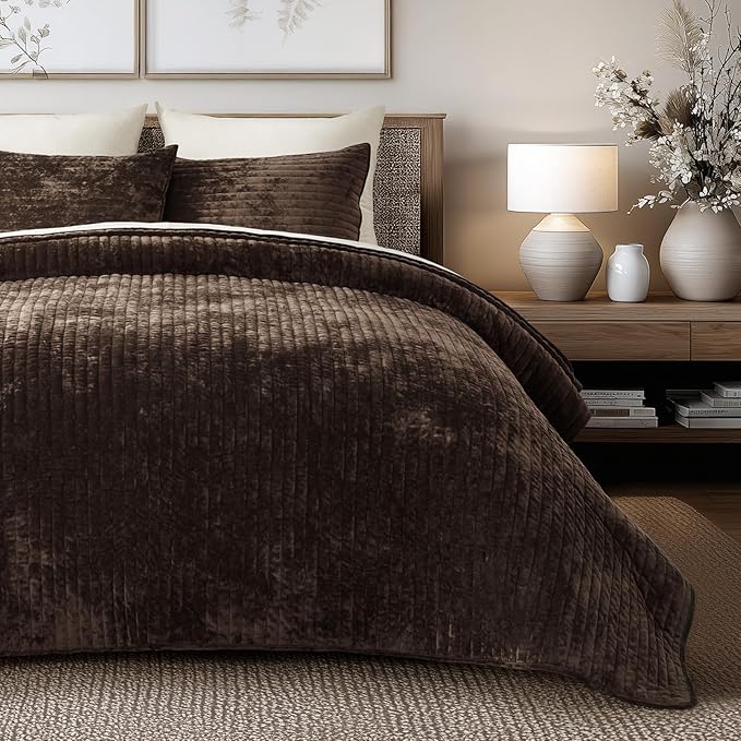 EVERGRACE Velvet Quilt Set California King 118'' x 106'', Luxurious Soft Striped Channel Bedding Set, Lightweight Velvet Comforter for All Season, Oversized Bedspread Coverlet w/ 2 Shams, Walnut Brown