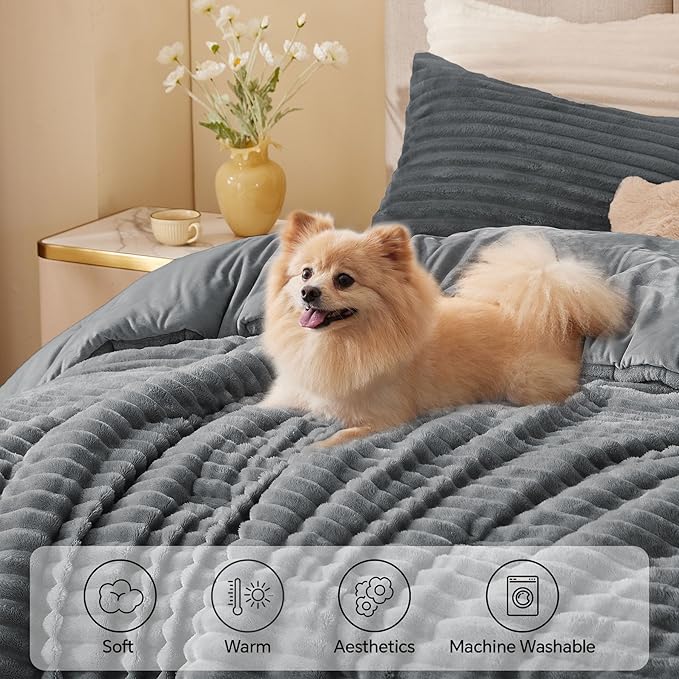 BEDELITE Fleece King Comforter Set -Super Soft & Warm Fluffy Grey Bedding, Luxury Fuzzy Heavy Bed Set for Winter with 2 Pillow Cases