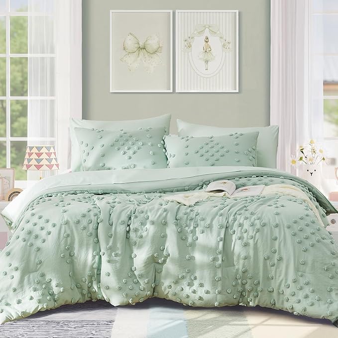 Geniospin Sage Green Queen Comforter Set for Girls- 7 Pieces Pom Tufted Bed in A Bag Twin Bedding Sets with Sheets, Pillowcases & Shams, All Season Kids Comforter Set